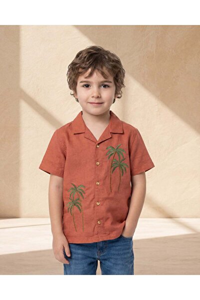 REDTAG Boys Brown Palm Embroidered Short Sleeve Shirt