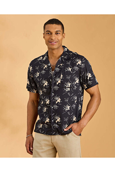 REDTAG Men Black Printed Eco Liva Viscose Shirt