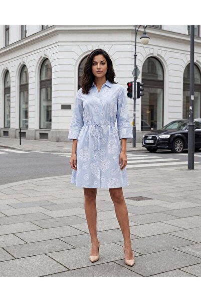 REDTAG Women Blue Collar Neck Front Belted Midi Dress