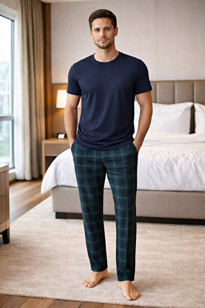 YUYİ Ji̇ber Modal Cotton Crew Neck Short Sleeve Men's Pajama Set 15340