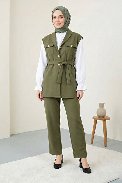 Kirazgym Women's Vest Blouse Pants 3-Piece Set Combination - Khaki