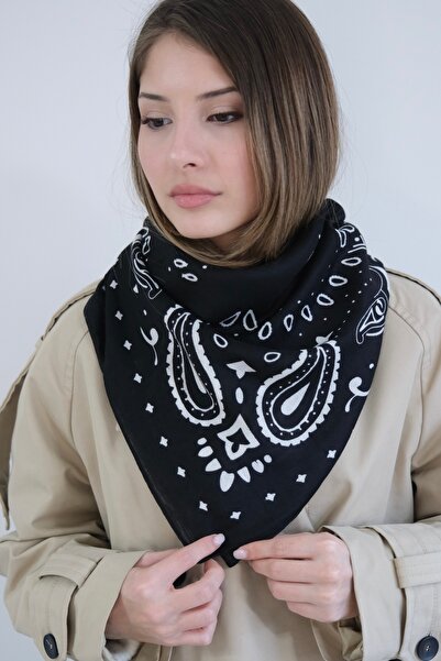 YENGEÇ Siyah Etnik Desen Pamuklu 90*90 Şal Fular