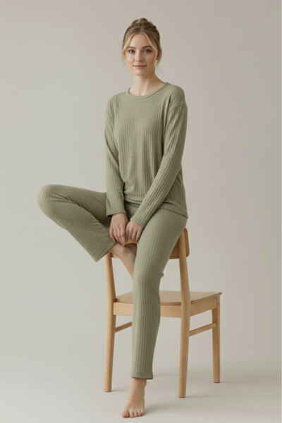 Farya Home Cotton Thick Winter Interlock Striped Long Sleeve Knitted Pajama Set