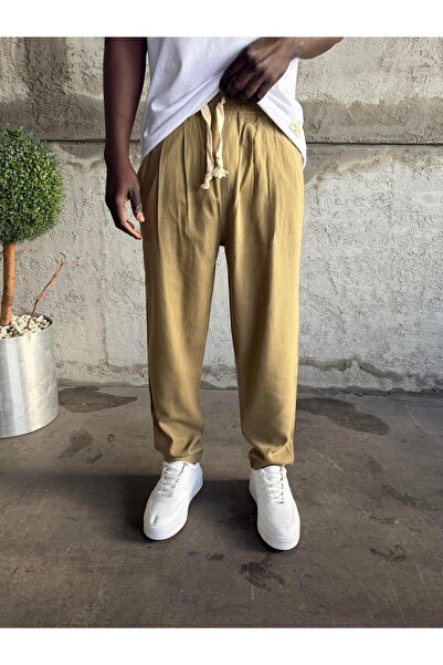 KağanKY Khaki Pleated Boyfriend Linen Trousers