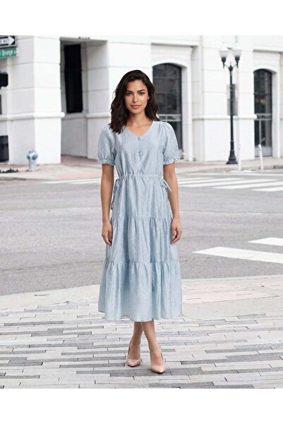 REDTAG Women Blue Tiered Dress With Drawsting At Waist