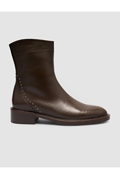 Cabani Genuine Leather Brown Staple Detailed Zippered Women's Daily Boots