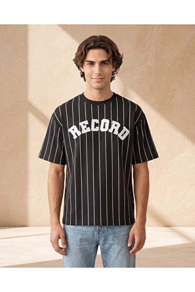 REDTAG تيشيرت رجالي أسود مطبوع قماش إنترلوك