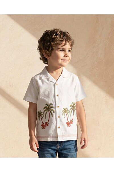 REDTAG Boys White Palm Embroidered Short Sleeve Shirt