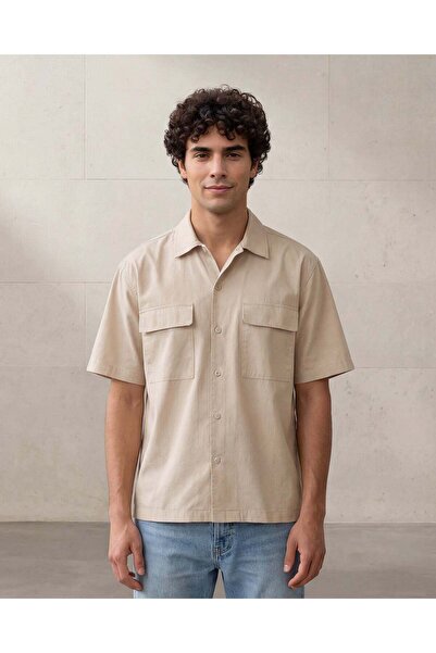 REDTAG Men Beige Embroidered Short Sleeve Shirt