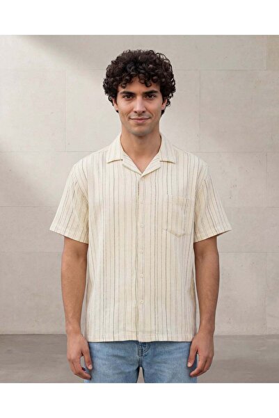 REDTAG Men's Beige Striped Short Sleeve Shirt