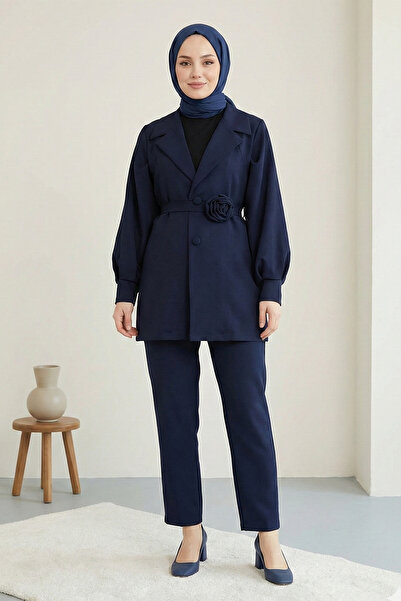 Kirazgym Women's Belted Rose Detailed Double-Breasted Collar Jacket and Trous...