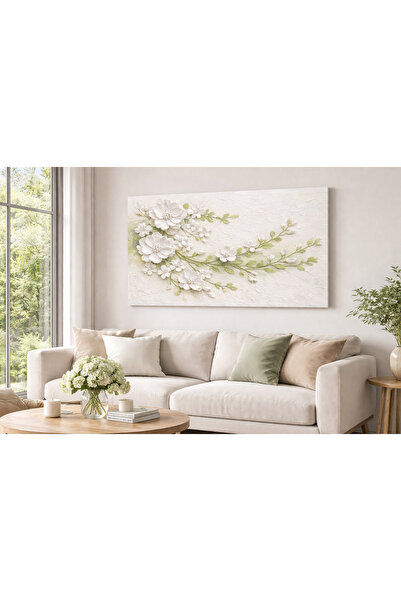 My canvas Rölyef Efektli Çiçek Desenli Kanvas Tablo Beyaz Yeşil Modern Salon ...
