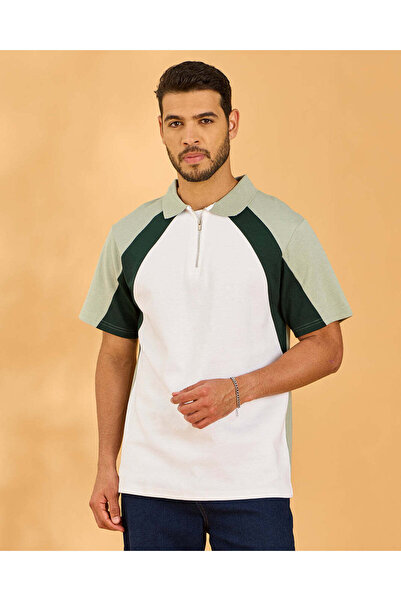 REDTAG Men Green And White Color Block Polo Shirt