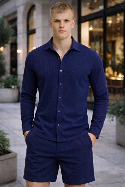 BRLKN Мъжки комплект от риза с дълъг ръкав и шорти от османска материя