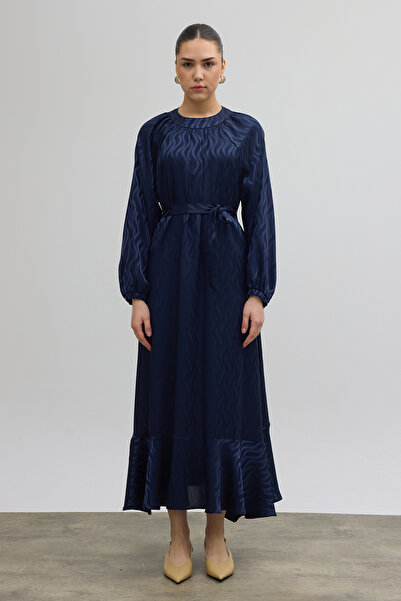 VAVİNOR Kuşaklı Jakar Elbise - Lacivert