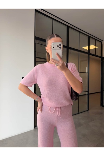 BB Bensu Buyruk Short Sleeve Basic Knitwear Set Pink