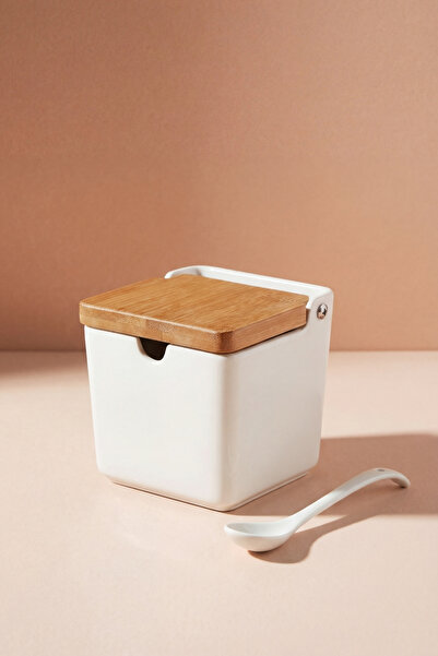 GÖNÜL Bambu Kapaklı Porselen, Kaşıklı, Tuz Saklama Kabı 10x10x10 cm