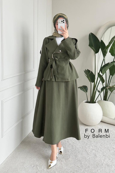 Balenbi Double-Breasted Collar, Cross Zipper, Detailed Belted Hijab Skirt Sui...