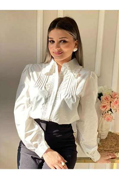 bysoca Kadın Beyaz Vintage Fisto İşlemeli Pileli Uzun Balon Kol Pamuk Keten R...