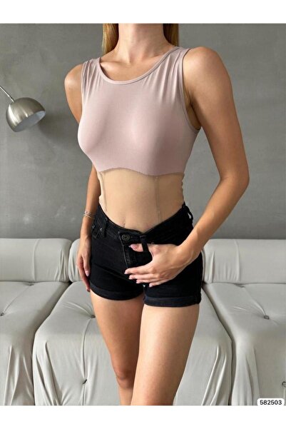 Modafeminen Mink Tulle Detailed Sleeveless Bodysuit 582503