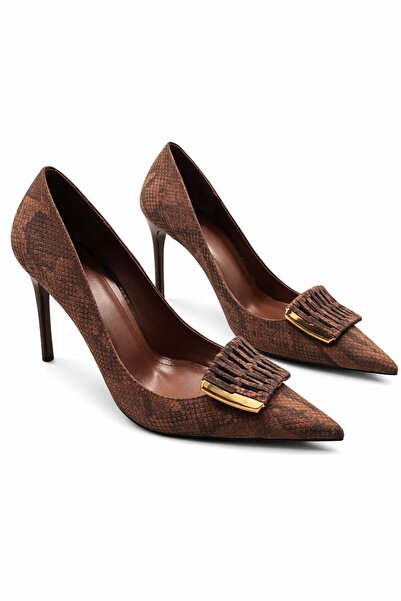 LOJO Women's Stiletto Pointed Toe Gold Buckle Detailed Casual Heeled Shoes Sa...