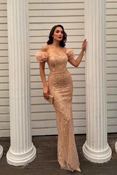 Larenmoda Boncuk Detaylı Prenses Kol Abiye