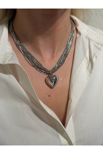 gingillo aksesuar Gümüş Renk Çoklu Zincir Kalp kolye