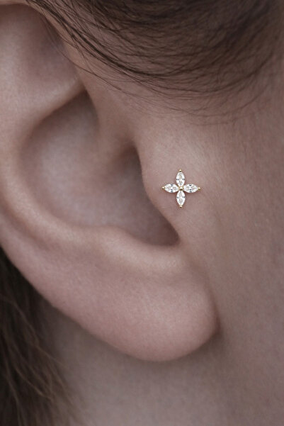 alysa jewelry Cerrahi Çelik Zirkon Taşlı Arkası Düz Çiçek Piercing, 6mm, trag...