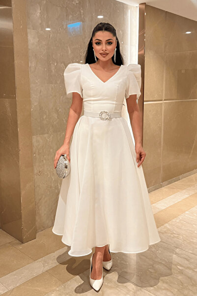 giyimmasalı Organze Şifon Kumaş Kısa Kol Midi Boy Elbise - BEYAZ