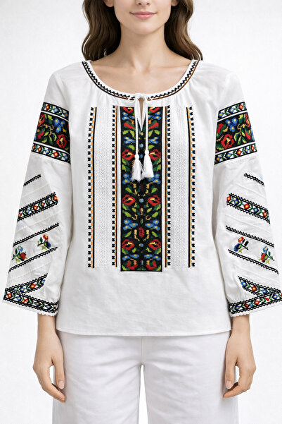 Nobrand Traditional Romanian hand-embroidered blouse, white, multi-colored fl...