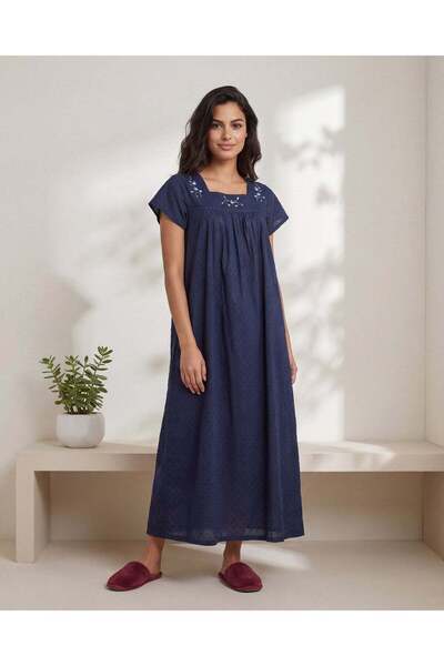 REDTAG Women Navy Long Woven Nightgown