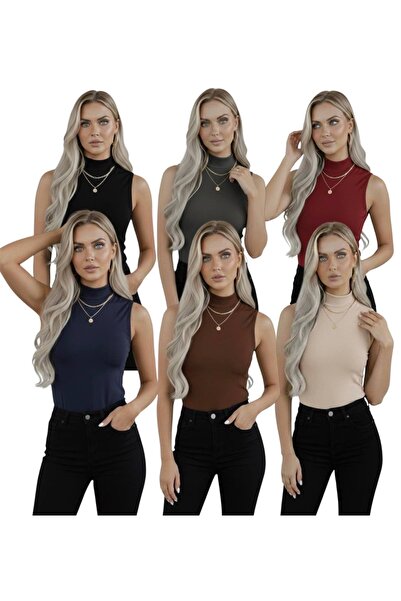 hashtag Kadın 6'lı Sıfır Kol Kolsuz Body Viskon Boğazlı Badi 6 Adet Balıkçı Yaka