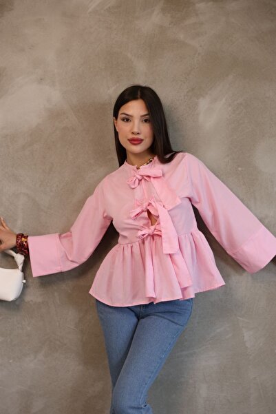 H&T STORE | Kadın Pembe Bisiklet Yaka Fiyonk Bağlamalı Poplin Bluz