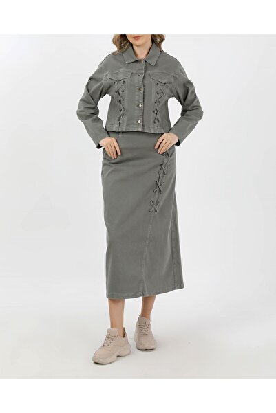 VELLICHOR Denim Jacket and Skirt with Lace Detail - Khaki