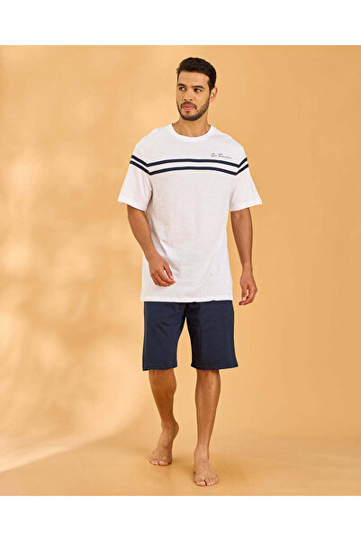 REDTAG Men White And Black Placement Print T-Shirt & Shorts Pyjama Set