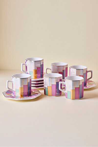 Perotti Antik 12 Parça 6 Kişilik Renkli Retro Porselen Kahve Fincanı Takımı