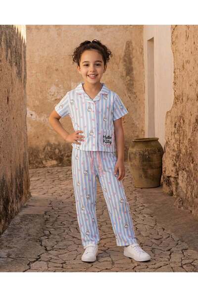 REDTAG Girls White Stripe Front Open Pyjama Set