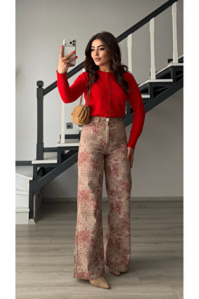 Oslove Red-Cream Ethnic Pattern Flare Pants