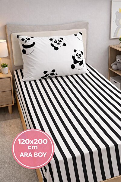 Eponj Home Set posteljine s gumicom, srednja veličina 120x200cm, panda crno-bela
