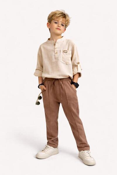 WİKİBOOM Set elegant pentru băieți, cu cămașă bej cu guler Hakim din muselină...