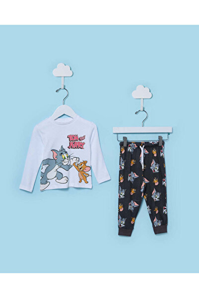 REDTAG Infant Boys White And Black Tom And Jerry Pyjama 2 Piece Set