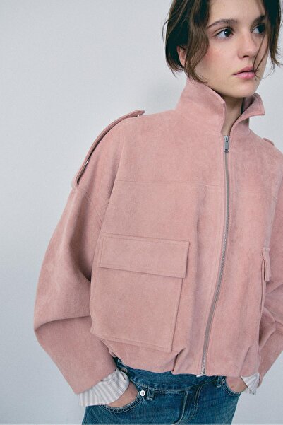 Stradivarius سترة من الجلد السويدي الصناعي