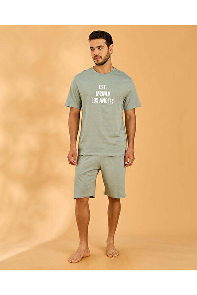 REDTAG Men Green Placement Print T-Shirt & Shorts Pyjama Set