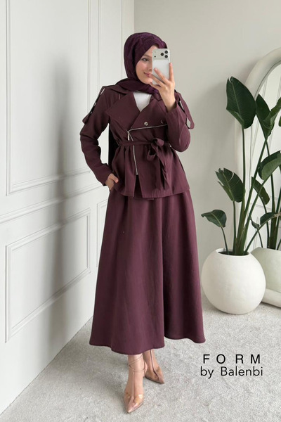 Balenbi Double-Breasted Collar, Cross Zipper, Detailed Belted Hijab Skirt Sui...