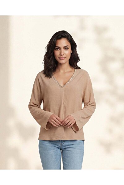 REDTAG Women Beige Embellished Casual Blouse