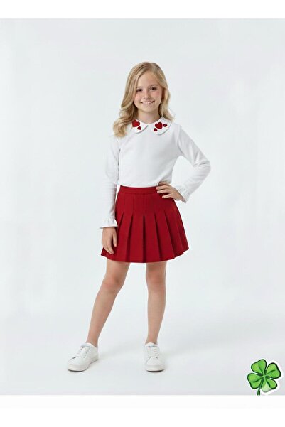 Lucky kidswear KALP DETAYLI GÖMLEK,PLİSELİ ETEK ALT ÜST KIZ TAKIM