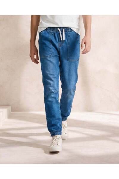 REDTAG Senior Boys Blue Knit Denim Joggers With Cuff