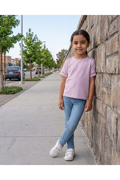 REDTAG Girls Lilac Lace Cut And Sew Jersey Top