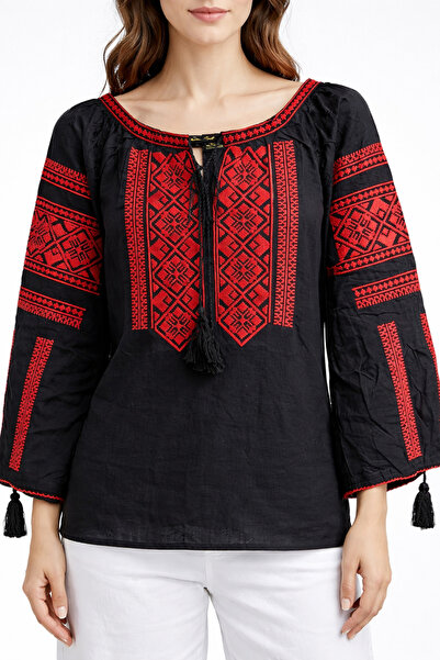 Nobrand Traditional Romanian black dress with sewn red embroidery, wide sleev...