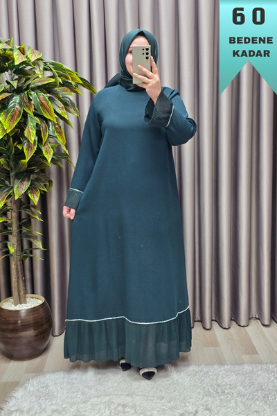 Elmas Tesettür Γυναικεία Ρούχα Μεγάλου Μεγέθους, Βραδινό Φόρεμα με Πλισέ Μανί...